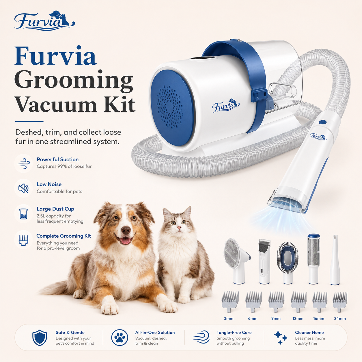 Furvia grooming vacuum kit overview with attachments