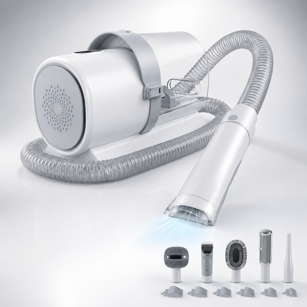 White Furvia pet grooming vacuum kit variant with attachments